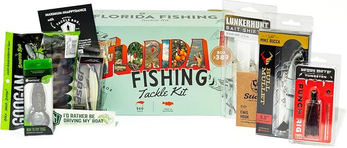 Catch Co Mystery Tackle Box Florida Freshwater & Inshore Elite Fishing Kit | 7-9 Freshwater & Inshore Saltwater Baits for Bass, Snook, Redfish & More – Includes Exclusive Florida Decal, Fishing Gifts