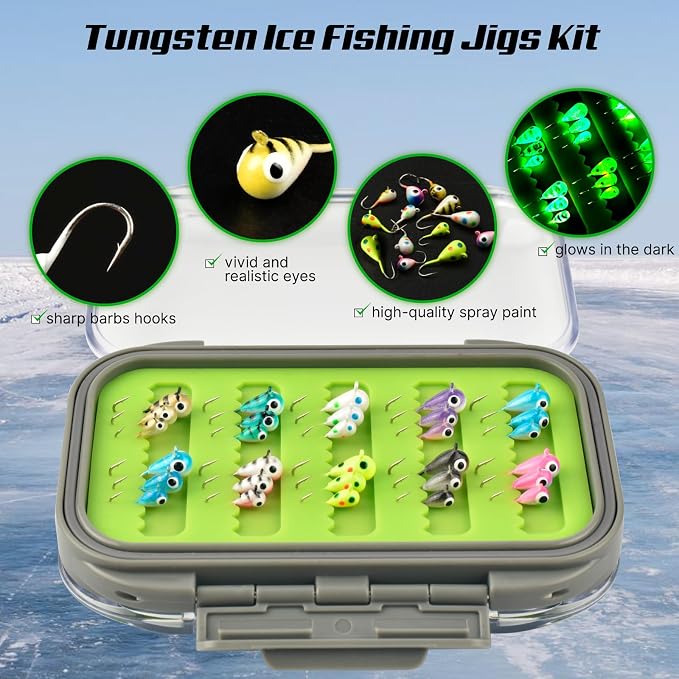 Tungsten Ice Fishing Jigs Kit, 3.2/4/5mm Glow in Dark Tear Drop Ice Fishing Lure Jigs with Waterproof Two-Sided Jig Box Assortment 20/24/30