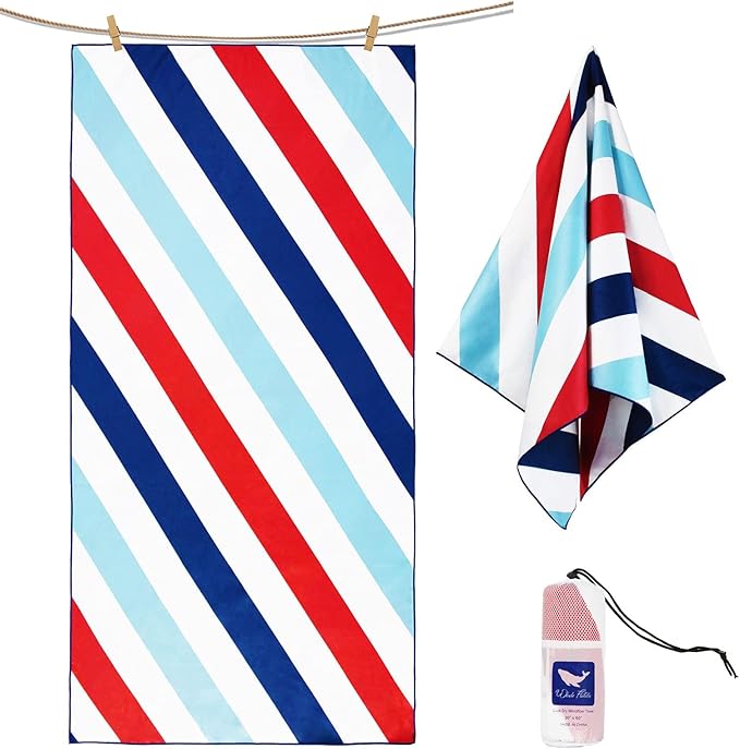 Whale Flotilla Large Quick Dry Beach Towel (30"x60"), Microfiber Sand-Free Beach Towels, Super Absorbent Compact Pool Travel Accessories, Navy