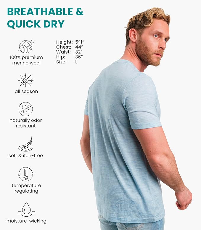 Merino Wool T-Shirt Mens - Merino Wool Undershirt Thermal Shirt for Men and Hiking Socks