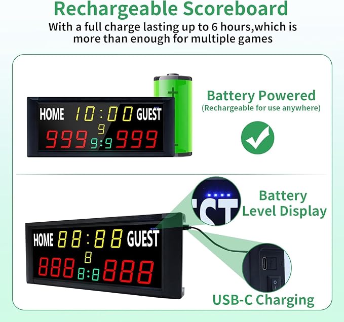 YZ 16” Large Electronic Scoreboard with Remote, Bright LED Scoreboard for Outdoor Games, Digital Scoreboard with Timer Clock, Portable Score Keeper for Football/Basketball/Cornhole/Volleyball