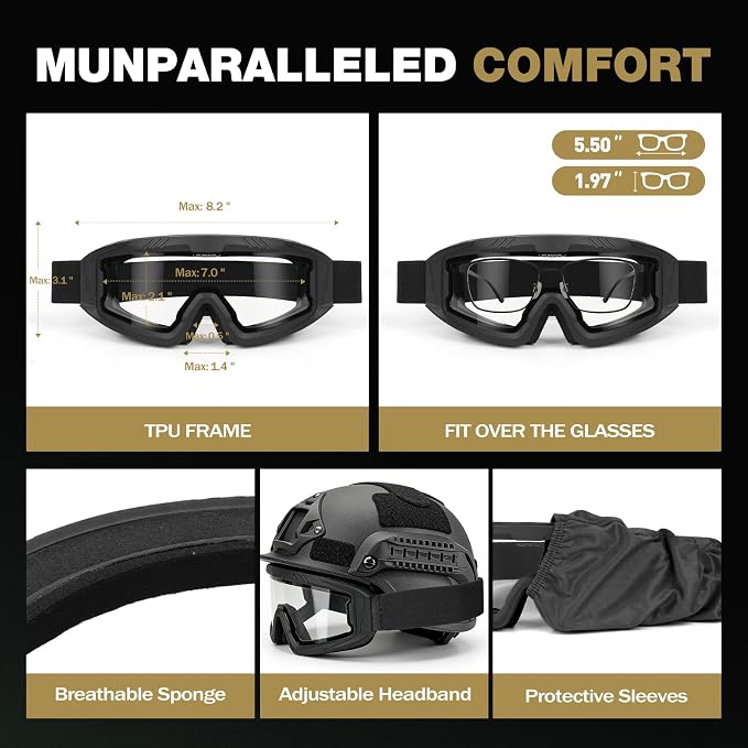 Airsoft Goggles OTG, ANSI Z87.1+ Anti-Fog Tactical Safety Goggles, Impact-Resistant Dust-Proof Eye Protection