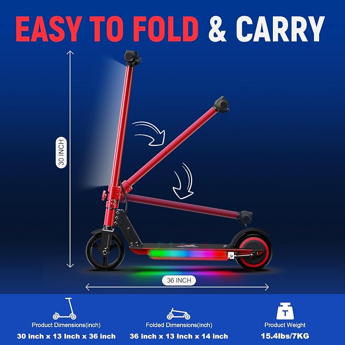 Classic Foldable Electric Scooter for Kids, Bright Front Lights, Shining Pedal Lights, LED Display, Dual Brakes 150W Motor Kids Electric Scooter, UL2272 Certified