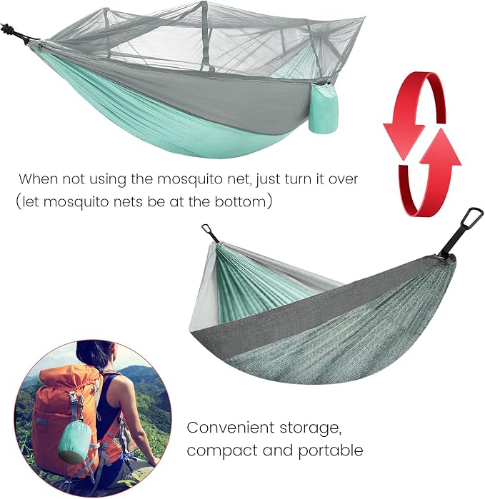 Camping Hammock with Mosquito Net & Rain Fly Tent Tarp & Tree Straps Portable Strong Nylon Hammock Parachute Tent w/Storage Bag for Camping Hiking Backyard Outdoor Backpacking Travel