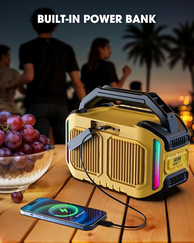 ANCOON Speakers Bluetooth Wireless: 80W(Peak) Loud Speaker with Bass, 20H Playtime, IPX6 Waterproof, Large Jobsite Speakers for Work, Outdoor, Workshop, Garage, Portable Speaker with TWS (Yellow)