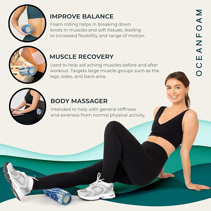Oceanfoam Ripple Travel Foam Roller (11" x 3.35") Firm Mini Foam Roller for Physical Therapy, Deep Tissue Massage, Back Pain - High Density, Ergonomic Wave Textured - Yoga, Exercise (Royal Marbled)
