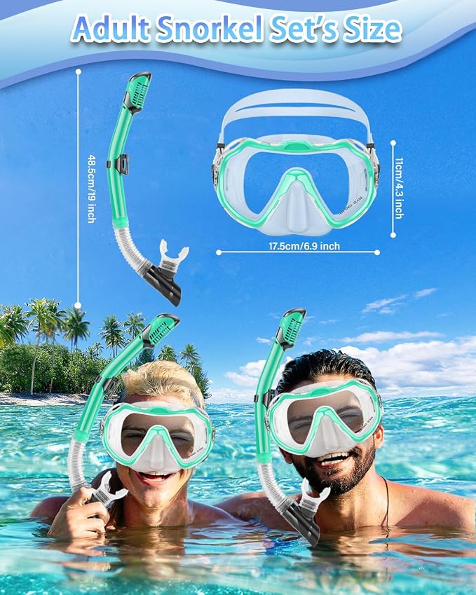 Snorkeling Gear for Adults, Adult Snorkel Set with Panoramic Anti-Leak and Anti-Fog Tempered Glass Snorkel Mask, Dry Top Snorkel, Snorkle Mask Set Adult with Mesh Bag Ear Plug for Snorkeling