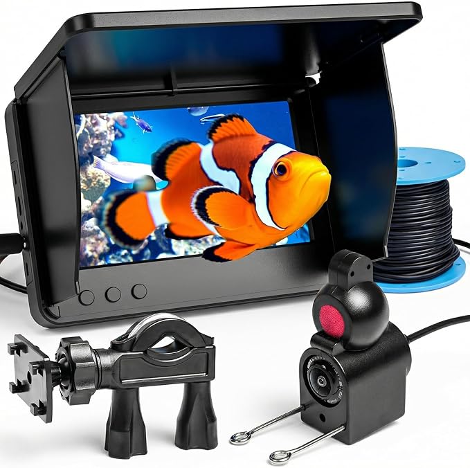 Underwater Fishing Camera with 5" IPS Monitor, 1000TVL, 178° Wide-Angle, IP68 Waterproof, 12 IR Night Vision, 98ft Cable, 8000mAh Battery—Fish Finder Video System for Ice, Lake, River & Boat