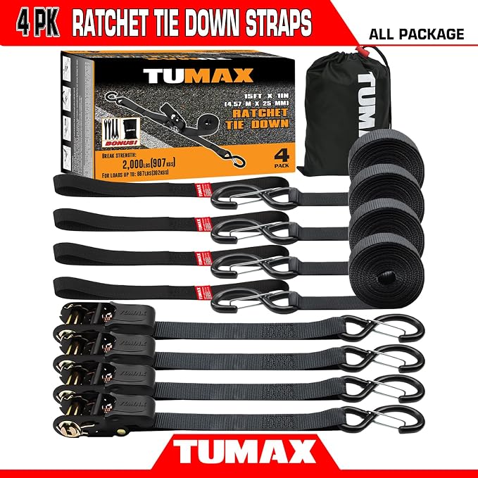 4-Pack Ratchet Straps, 15 FT Heavy Duty Tie Down Straps with 2000 LBs Break Strength, Ergonomic Rubber Handle & 4 Soft Loops, Cargo Straps for Motorcycle, ATV, UTV, Trailer & Moving - Black