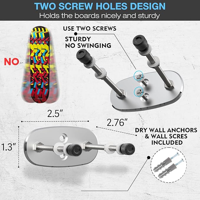 14 Packs Skateboard Wall Mount Aluminum Skateboard Hanger with Two Screw Holes for Display Skateboard Deck Storage Horizontal and Floats Vertically - Silver