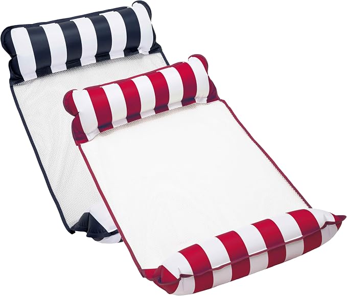 Aqua 4-in-1 Monterey Hammock Pool Float & Water Hammock, Multi-Purpose, Inflatable Pool Floats for Adults, Patented Thick, Non-Stick PVC Material, One Navy & One Burgundy/White Stripe, 2-Pack