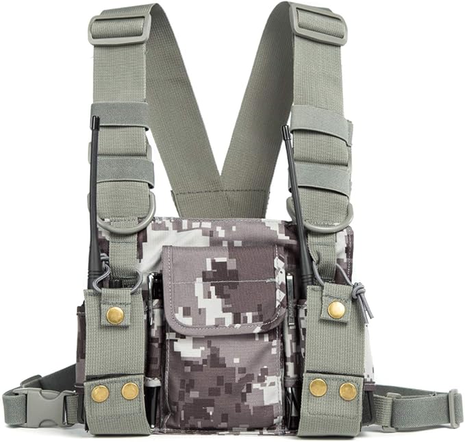 Radio Shoulder Holster Chest Harness Holder Vest Rig for Two Way Radio Chest Front Pack Pouch Walkie Talkie Case with Front Pouches for Kenwood Arcshell Retevis Baofeng UV-5R F8HP UV-82 888S(Camo)