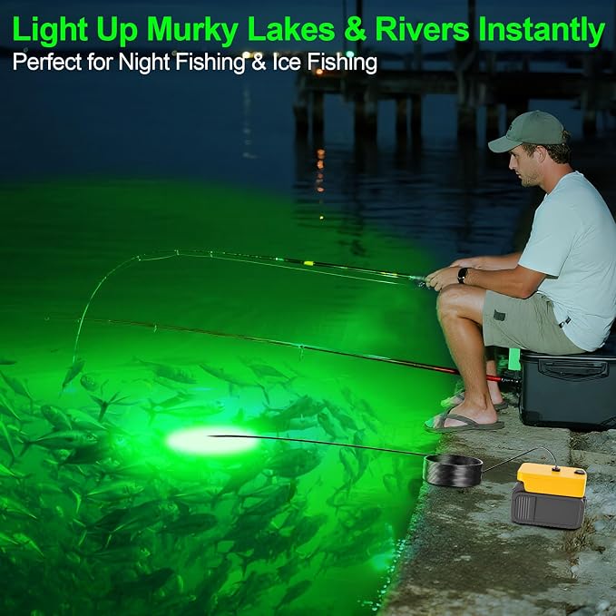 LED Underwater Fishing Light Compatible with for DeWalt 20V Battery（Battery Not Included）, 3000 Lumens, IP68 Waterproof Submersible Green Fish Attractor Light for Night/Ice/Boat Fishing