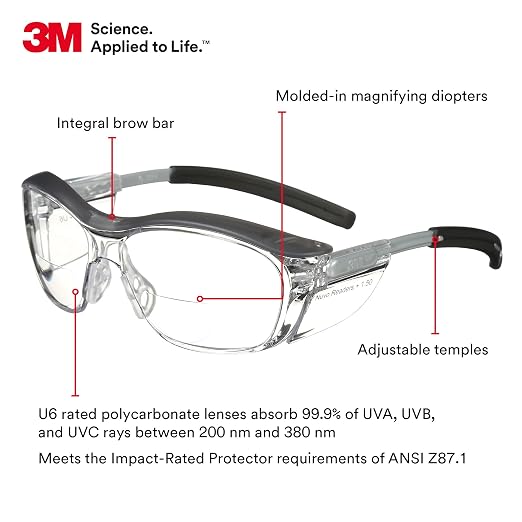 3M Safety Glasses with Readers, Nuvo Protective Eyewear, +1.5, ANSI Z87, Clear Lens, Retro Gray Frame, Soft Nose Bridge, Side Shields