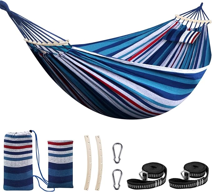 Chihee Cotton Hammock Holds Up to 660lbs Fabric Hammock 8.9x4.9ft Soft Portable Tree Hammocks Camping with Detachable Spreader Bar Pillow 2 Strong Webbings 2 Carabiners Indoor Outdoor Backyard Garden