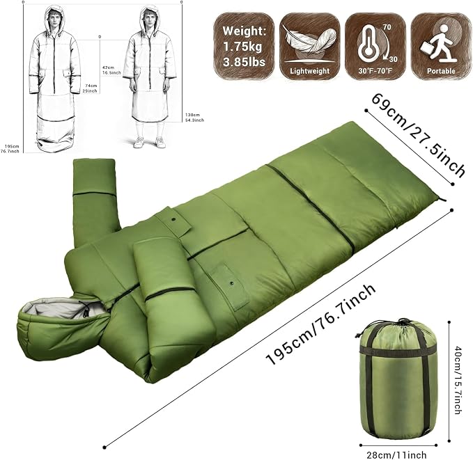 Wearable Sleeping Bag Adult Outdoor & Indoor Sleeping Bags Applicable Temperature 25℉-50℉ Designed for Camping, Hiking, Backpacking, and Other Outdoor Adventures