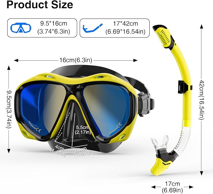 Snorkeling Gear for Adults, Snorkel Mask With Mirrored Tempered Glass Lens 180° Wide View Anti-Fog Scuba Diving Mask, Professional Snorkel Set for Swimming Diving, Gifts for Women Mom Men Dad