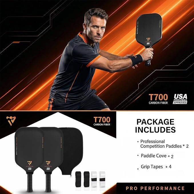 T700 Carbon Fiber Pickleball Paddle, Pickleball Set 16mm Pickle Ball Rackets with CMS Matte Surface Lightweight Honeycomb Core & Durable Edge Frame Larger Sweet Spot
