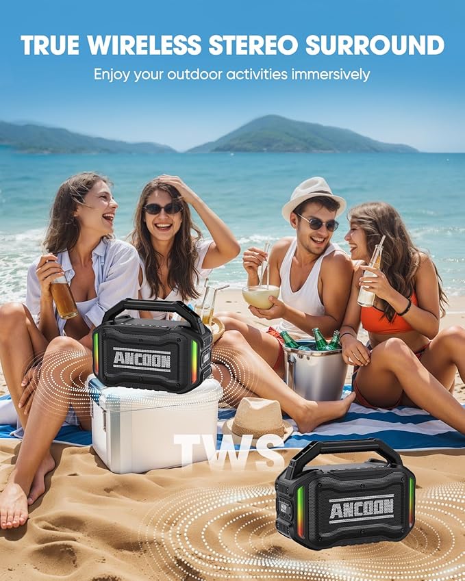 ANCOON Speakers Bluetooth Wireless: 80W(Peak) Loud Speaker with Bass, 20H Playtime, IPX6 Waterproof, Large Jobsite Speakers for Work, Outdoor, Workshop, Garage, Portable Speaker with TWS (Black)