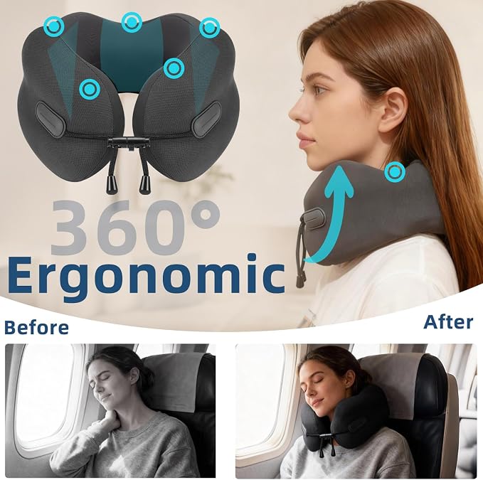 Ergonomic Travel Neck Pillow for Airplane, Memory Foam Support for Long Haul Flight Headrest, Soft Compact U Shaped for Adult Women Plane Sleeping, Portable Carry Box, Eyemask, Earplugs, Size S