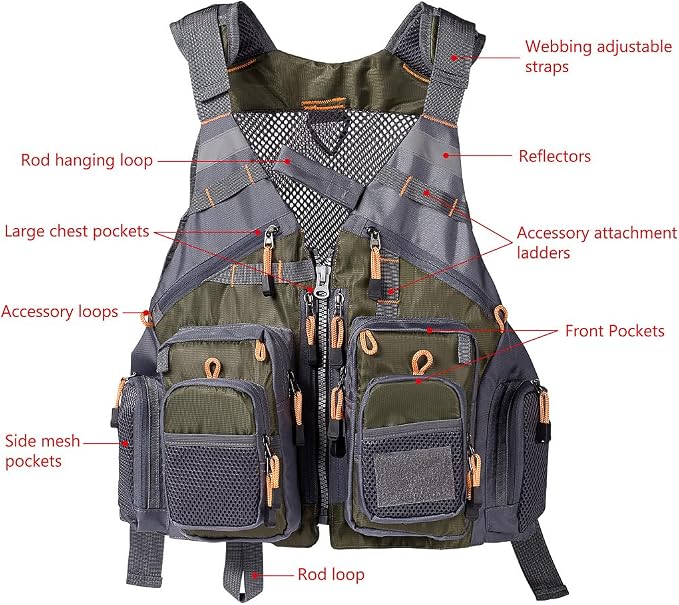 BASSDASH Strap Fishing Vest Adjustable for Men and Women, for Fly Bass Fishing and Outdoor Activities