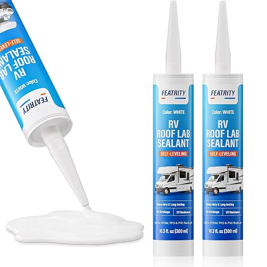 RV Roof Sealant Self-Leveling: White Lap Sealant for Camper Roof Leak Repair, Waterproof Weatherproof Caulk for EPDM TPO Rubber Roof Seams, Skylights, Air Vents, 10.3 oz Tubes 2-Pack