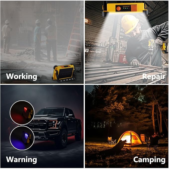 120W LED Solar Work Light, 144 LED 10000LM Portable Flood Light with Stand, 4 Modes Rechargeable, IP65 Waterproof Outdoor Working Light for Camping, Fishing, Car Repair & Mechanics (Yellow)