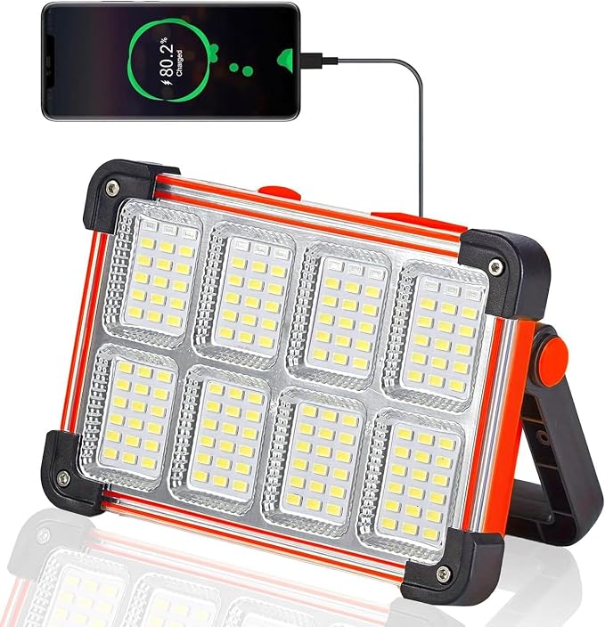 120W LED Solar Work Light, 144 LED 10000LM Portable Flood Light with Stand, Orange 4 Modes Rechargeable, IP65 Waterproof Outdoor Working Light for Camping, Fishing, Car Repair & Mechanics (Red)