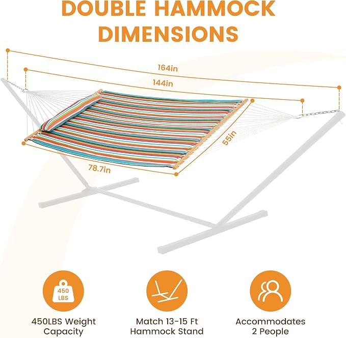 Lazy Daze Hammocks 12 FT Quilted Fabric Double Hammock with Spreader Bars and Detachable Pillow, 450lbs Weight Capacity, Bright Stripe