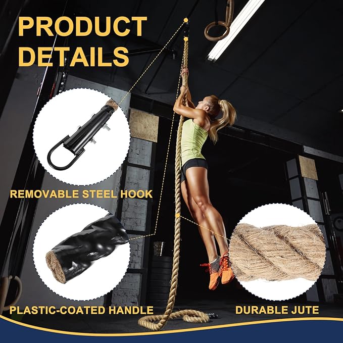 MECCANIXITY Climbing Rope 26ft x 1.5", Gym Climbing Rope Thick Twine Ropes Jute Natural Brown Burlap Cord String Heavy Twisted for Workout Rock Exercise Indoor Outdoor Fitness Training