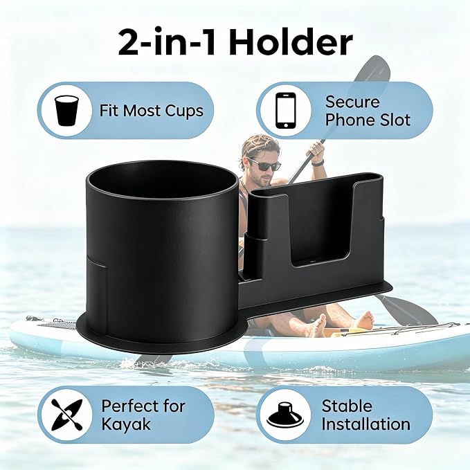 Paddle Board Cup Holder, Kayak Cup Holder, 2 in 1 Drink & Phone Holder, Paddle Board Accessories & Kayak Accessories for SUP, Canoe, Surfboard and Boat（Black）