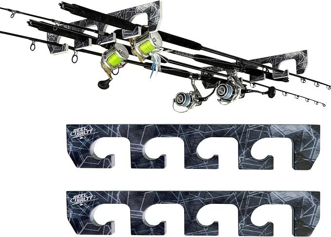 Rush Creek Creations Reel Salty Marine-Grade 4-Rod Fishing Rod Holder, Wall/Ceiling Mount Waterproof & UV-Resistant Saltwater-Safe Fishing Pole Organizer for Garage or Home Storage