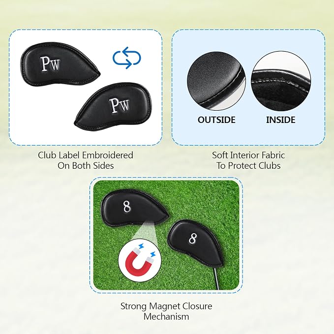 Golf Club Covers Set for Woods & Irons | Waterproof Magnetic Golf Iron Covers | Driver Wood Headcover | Durable Leather Protectors with Double-Sided Embroidery
