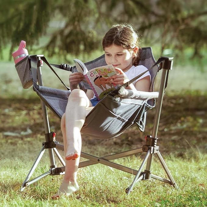 BusyBee Hammock Camping Chairs for Kids, Folding Kids Chair with Stand, Child Camping Gear, Hammock Swing Chair with Cup Holder & Carrying Bag for Outdoor, Lawn, Hiking, Indoor, Supports 125 LBS, Grey