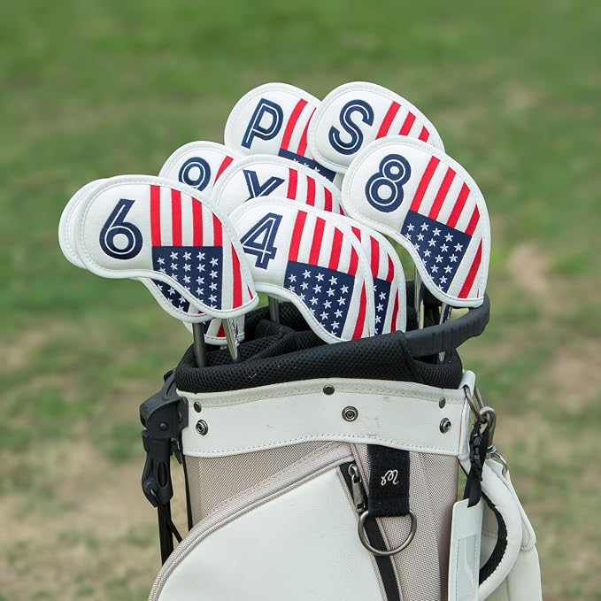Magnetic Golf Iron Covers Premium Leather Iron and Wedge Golf Club Head Covers - Set of 10 Fits Most Clubs USA American Flag Head Cover Set Headcovers for Irons