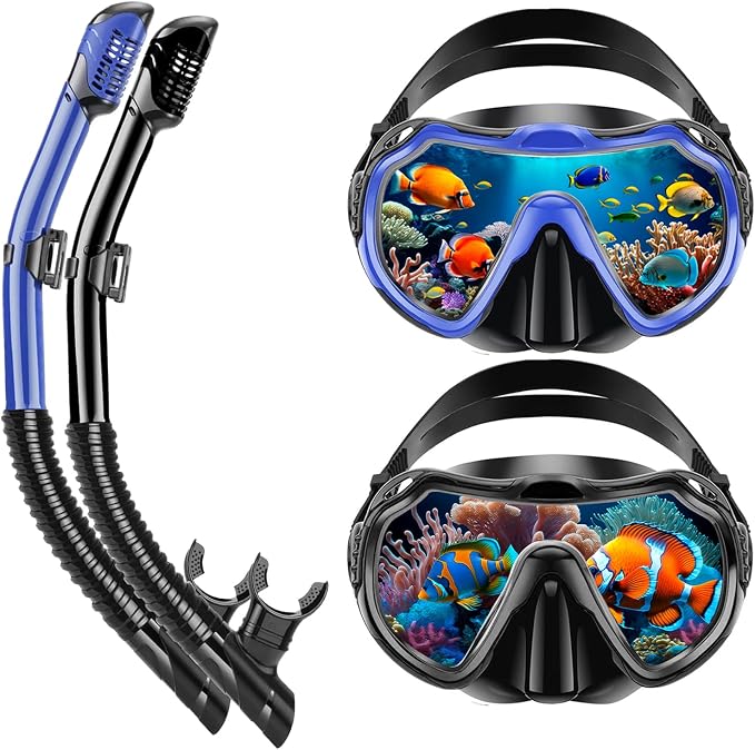 Snorkeling Gear for Adults, Adult Snorkel Set with Panoramic Anti-Leak and Anti-Fog Tempered Glass Snorkel Mask, Dry Top Snorkel, Snorkle Mask Set Adult with Mesh Bag Ear Plug for Snorkeling