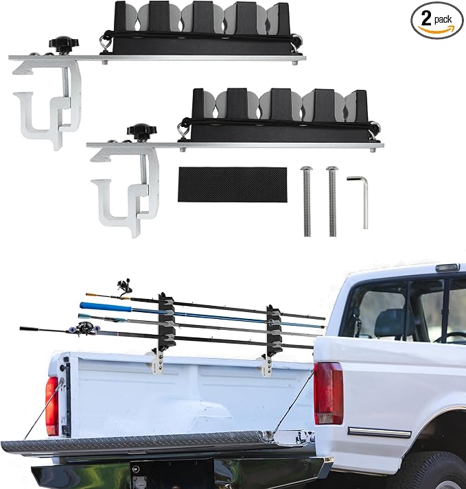 2x Aluminum Fishing Rod Holder for Truck Bed, 4 Rods Capacity, Stable C-Clamp Mount, Fishing Pole Storage Rack Holder for Truck Pickup Boat, Horizontally or Vertically Place
