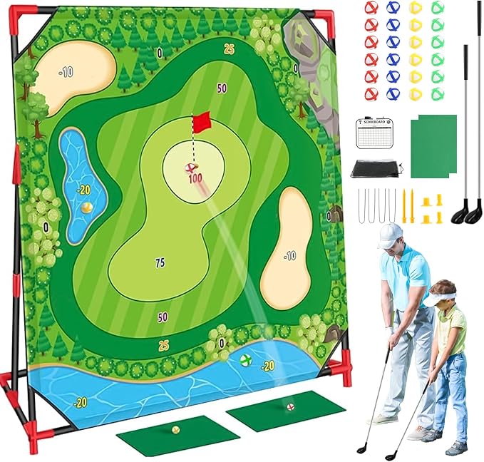 Golf Chipping Game with Stand, Upgrade 54"x 54" Golf Hitting Mat and Practice Set with Sticky Balls Perfect for Backyard Indoor Outdoor Family Battle Game, Christmas Ideal Gifts for Kids Adults (A)