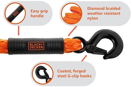 BLACK+DECKER 17-Piece Tow & Secure Tie Down Kit | 14' x 4,500 lbs Tow Rope with Clip Hooks, 1" x 10' Deluxe Cam-Buckle Straps, 24" and 36" Length Flat Bungee Straps