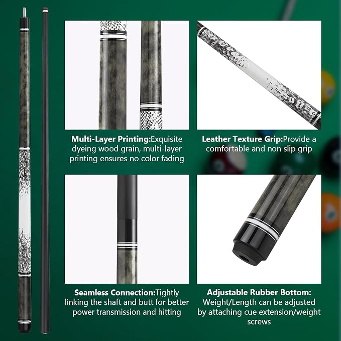 Glass Fiber Pool Cue Stick, 58" Professional Pool Stick for Adults 13mm 6-Layer Rainbow Tips Low Deflection Billiard Cue Stick, Uni-Loc Joint Pin, 19oz