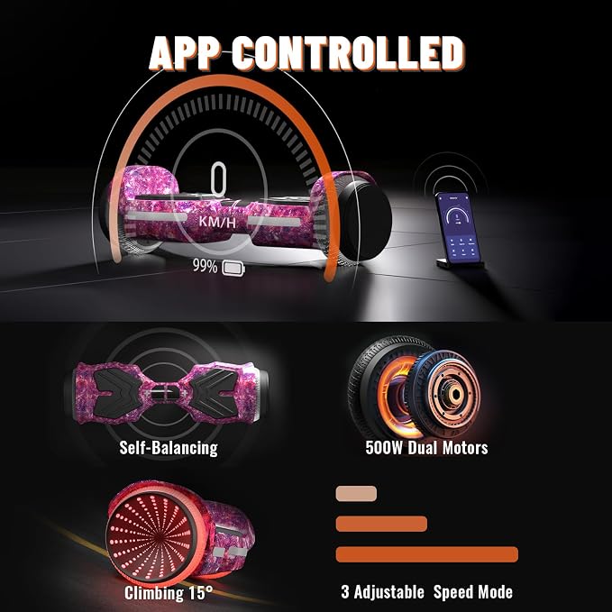 SIMATE Scooter, Colorful LED Light-Up Wheels, Bluetooth Speakers and APP, Dual 250W Motors, 8.5 mph Max Speed & 8.5 Miles Max Range, Gifts for Kids Adults Girls Boys