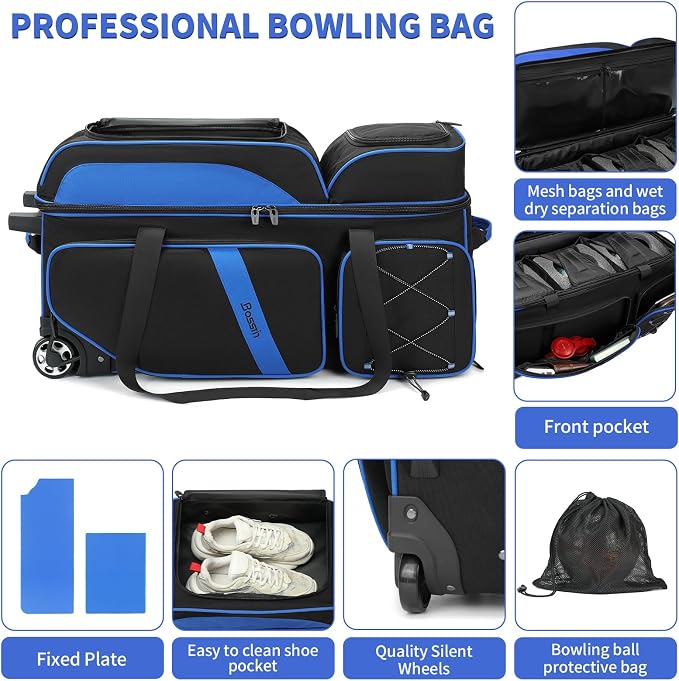 BOSSTIN 3 Ball Bowling Bags with Wheels, Secure Adhesive Fixed Ball Cup & Shoe Compartment, Bowling Ball Bag 3 Ball Roller with Multi-Pockets