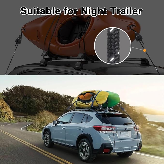 1/8" x8' Kayak Tie Down Straps with Reflective Stripe, Boat Trailer Straps Canoe Bow and Stern Rope Hanger Kayak and Canoe Accessories (Black, 4PCS)