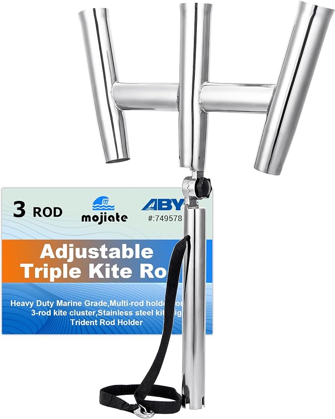 3 Tube Rod Holder-Stainless Steel Trident Outrigger Stylish-Tree Triple Rod Holder Adjustable Silver Kite Fishing Mount 3-Rod Racks for Boat, Ship, Yacht