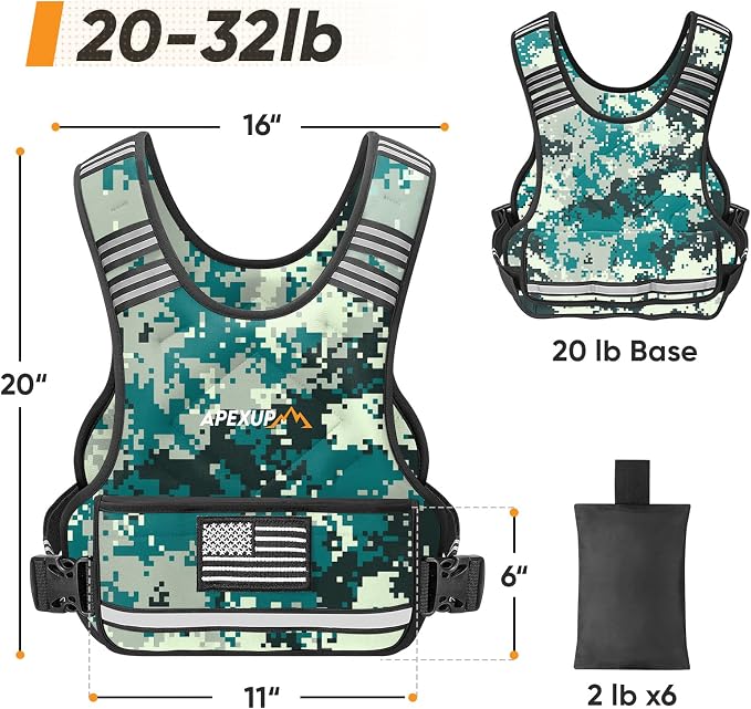 APEXUP Adjustable Weighted Vest, 4-10lb/12-18lb/20-32lb Vest with 6 Ironsand Weights and Large Pocket, Weight Vest for Men Women Strength Training, Running, Walking