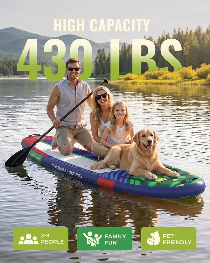 11'x34 Inflatable Paddle Board for Adults Youth, Extra Wide 430LBS Capacity SUP, Stable 2-3 Person Family for Lake Ocean Fishing Surfing Yoga, Includes Accessories