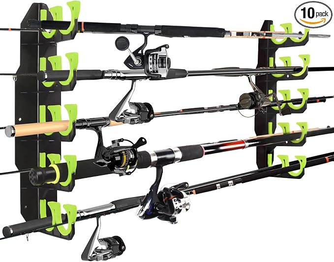 Hikeen Fishing Rod Holders, Fishing Pole Holders for Garage, Wall or Ceiling Mounted Fishing Rod Rack Holds Up to 10 Rods（1 Pack）