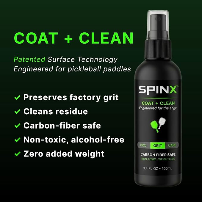 SPINX Carbon Fiber Pickleball Paddle Cleaner Spray — Coat + Clean Kit — Patented Mesoporous Surface Technology Preserves Grit & Spin, Non-Abrasive Alternative to Paddle Erasers, Lab Tested, 100mL | Low-VOC, Alcohol-free