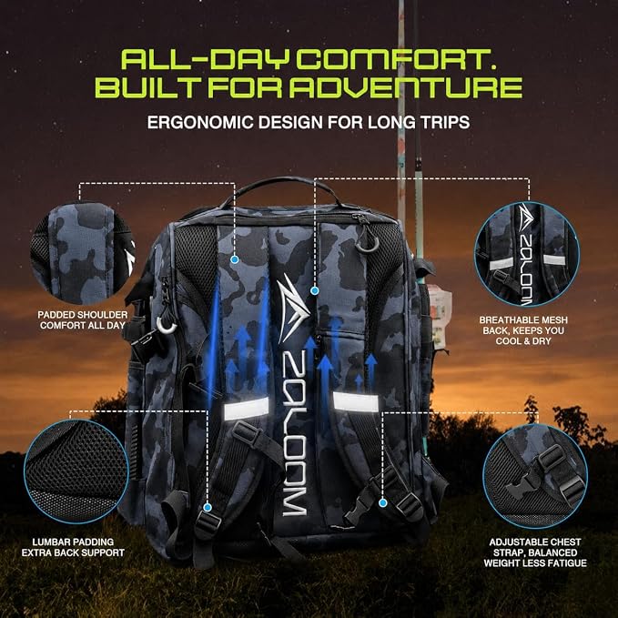 Waterproof Fishing Backpack with Tackle Boxes, Rod Holder & Foldable Net - 40L Fishing Tackle Bag with Trays Included, Extra Storage Gear and Equipment, Rain Cover, Fisherman Gift for Men