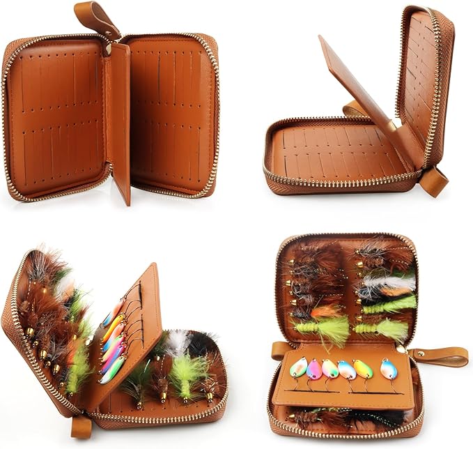 Lure Fly Fishing Leather Wallet Tackle Box Storage Spinner Bait Spoon Lures Flies Streamer Dry Fly Box Display Pocket Case Gifts for Men, Women (Size: 4.5"x3.9"x 0.7")